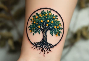 A forest green tree of life inside a round frame of braided roots and glowing amber fruits. tattoo idea