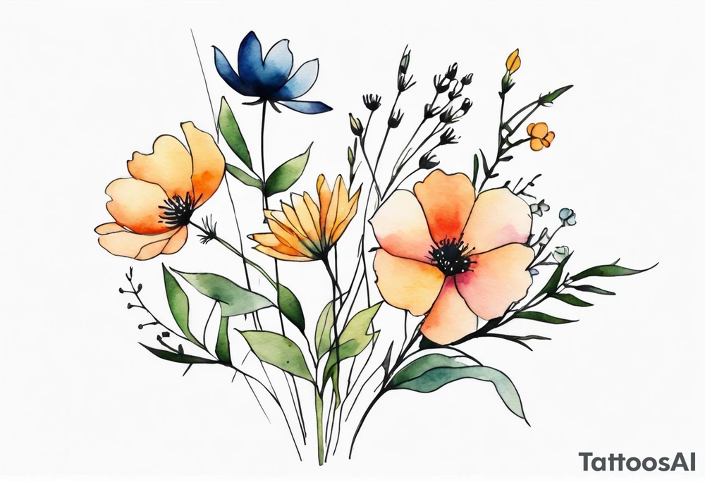 wild flowers long stems bouquet all watercolor tattoo idea