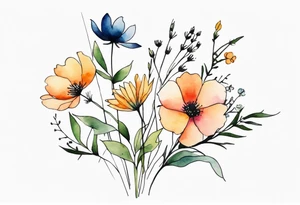 wild flowers long stems bouquet all watercolor tattoo idea