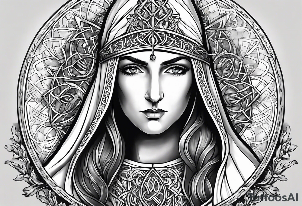 A full back piece themed on the surname mcbride and the irish saint bridget. It should not have her actual face in it. It should take inspiration from artwork of saint bridget holding fire in her hands. It should have the text Vincit Pericula Virtus on it tattoo idea
