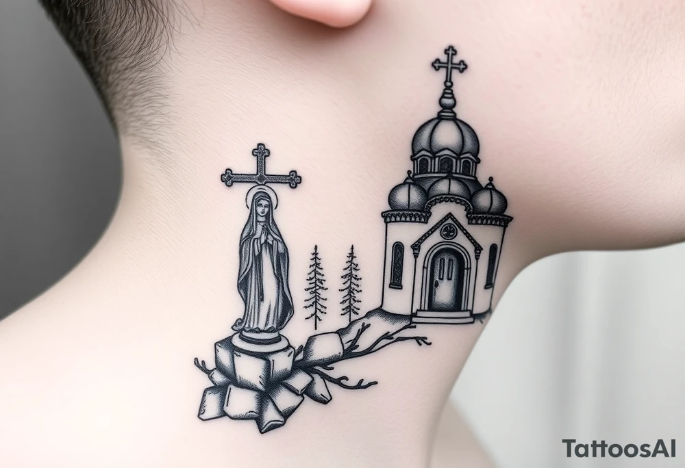 russian design traditional christian orthodox cross with a virgin mary stood beside the entrance of a russian orthodox dome church on the side of the neck in a wilderness setting with the design spread out the side of the neck tattoo idea