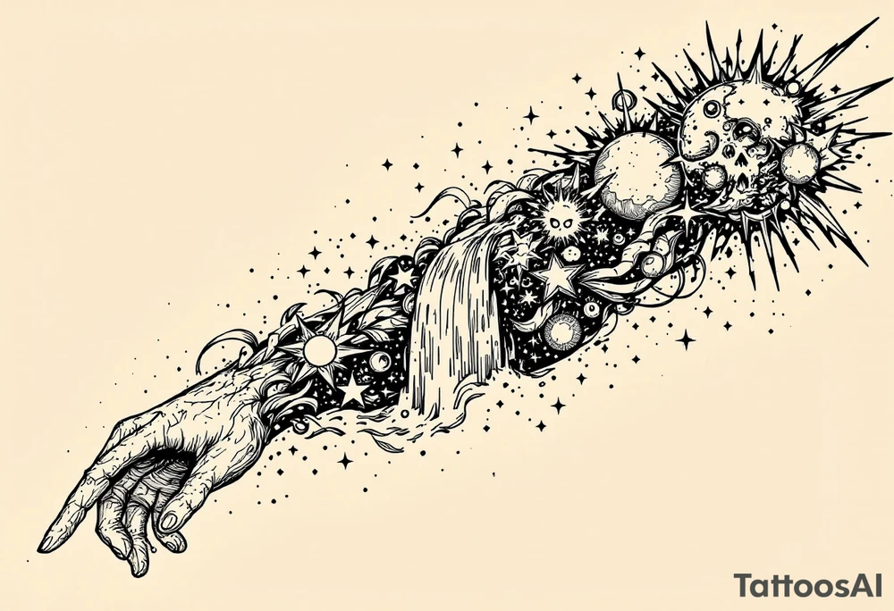 A solar system of stars that turn into a waterfall and rain tattoo idea