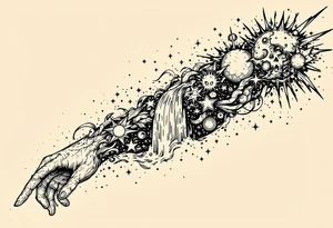 A solar system of stars that turn into a waterfall and rain tattoo idea