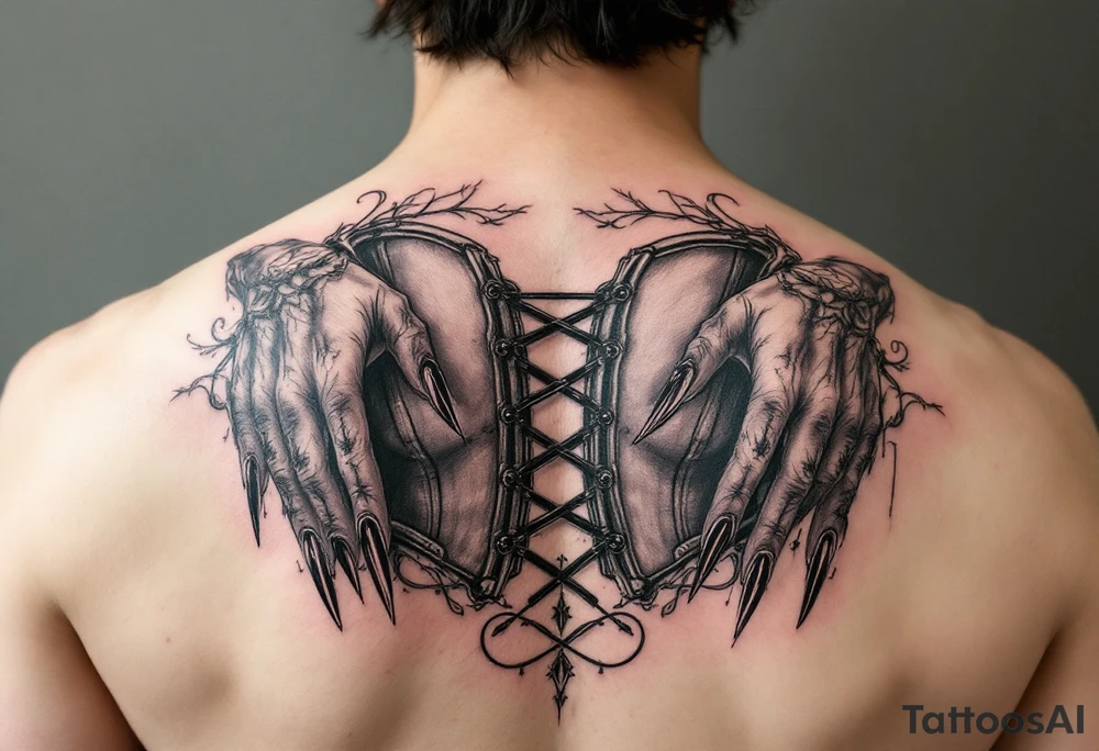 Corset with woman’s hands, long nails tattoo idea