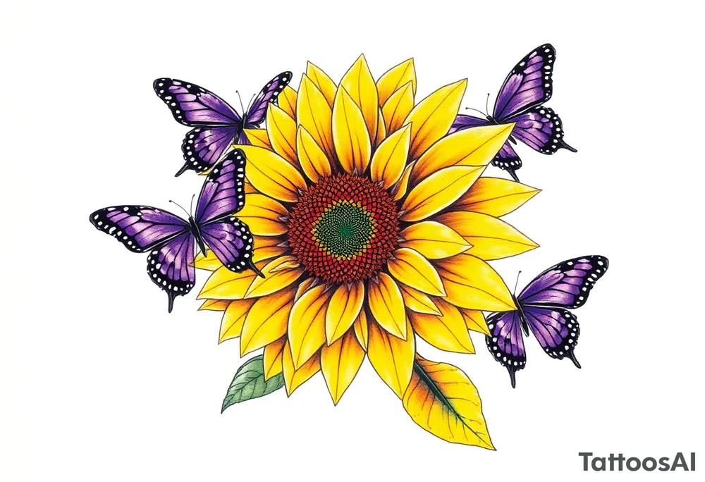 Sunflower with purple butterflies on side tattoo idea