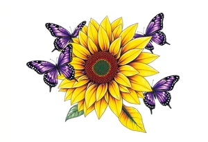 Sunflower with purple butterflies on side tattoo idea
