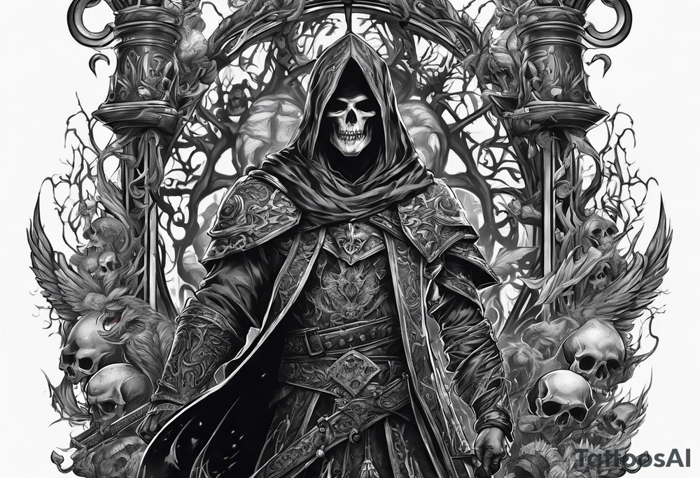 necromancer guy with army of skeletons tattoo idea
