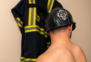 A firefighter’s turnout gear hanging on a wall, with realistic fabric textures in dark navy, contrasted by bright reflective stripes. tattoo idea