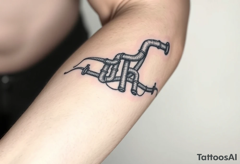long System of pipes that transitions and transforms into veins of forearm. Top pipe starts closer to the elbow tattoo idea