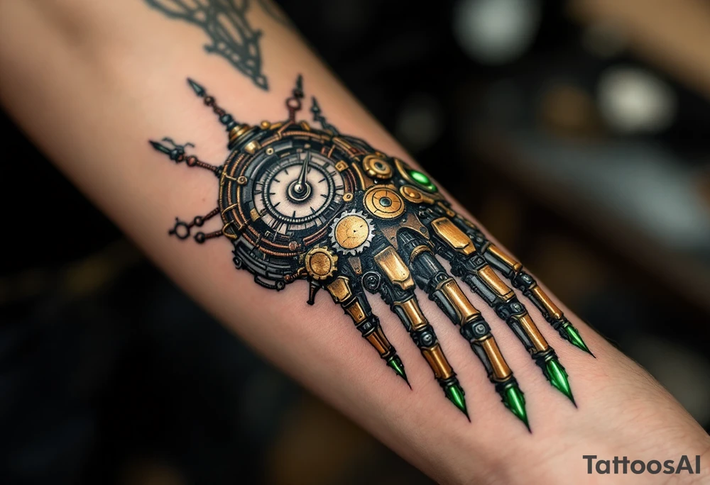 A steampunk-inspired robotic hand tattoo featuring brass tones, copper wiring, and emerald green glow at the joints. tattoo idea