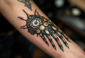 A steampunk-inspired robotic hand tattoo featuring brass tones, copper wiring, and emerald green glow at the joints. tattoo idea