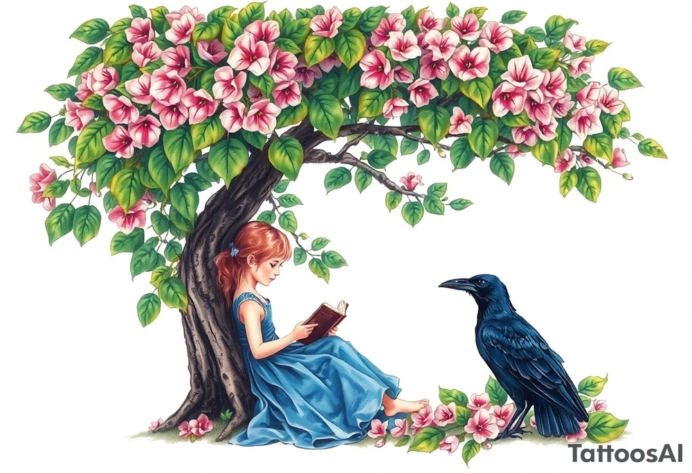 A tree of Impatiens walleriana, a little girl wearing a blue dress sitting under it while reading. A raven watching her. Flowers around.


. tattoo idea