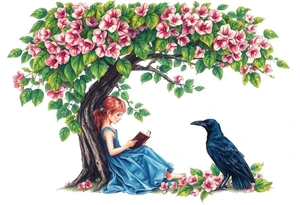 A tree of Impatiens walleriana, a little girl wearing a blue dress sitting under it while reading. A raven watching her. Flowers around.


. tattoo idea
