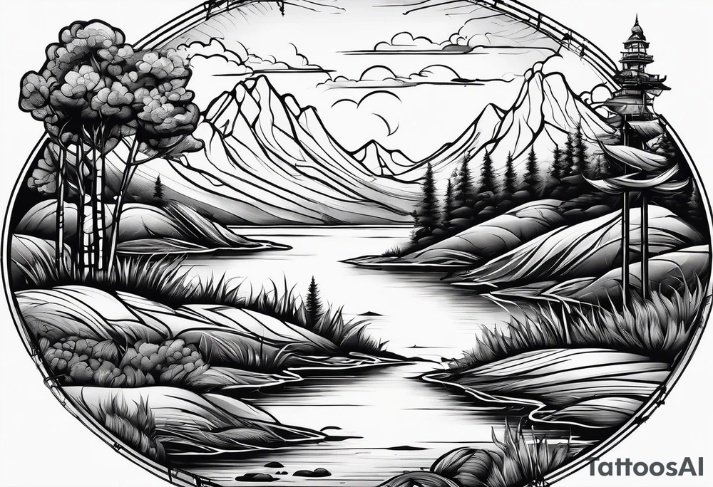 landscape and fishingpole and line with hook tattoo idea