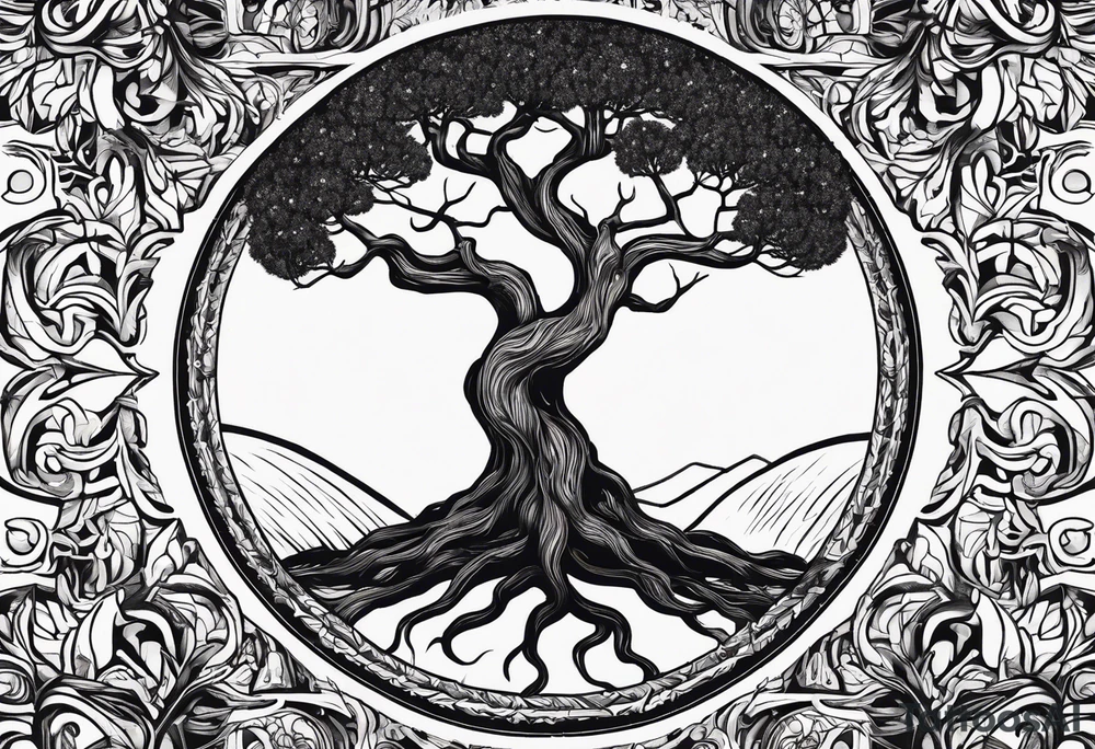 minimalistic Yggdrasil tree with no leaves tattoo idea
