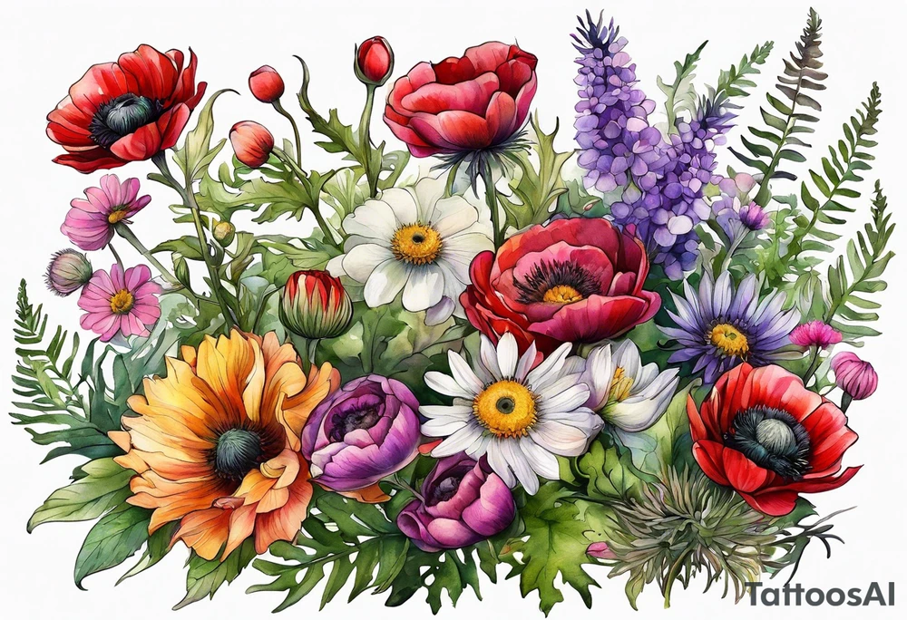 wildflowers with thistles, ferns, ranuculus, white anemones with black center, sun flowers, red flowers, pink flowers, purple flowers, buttercups all in watercolor tattoo idea