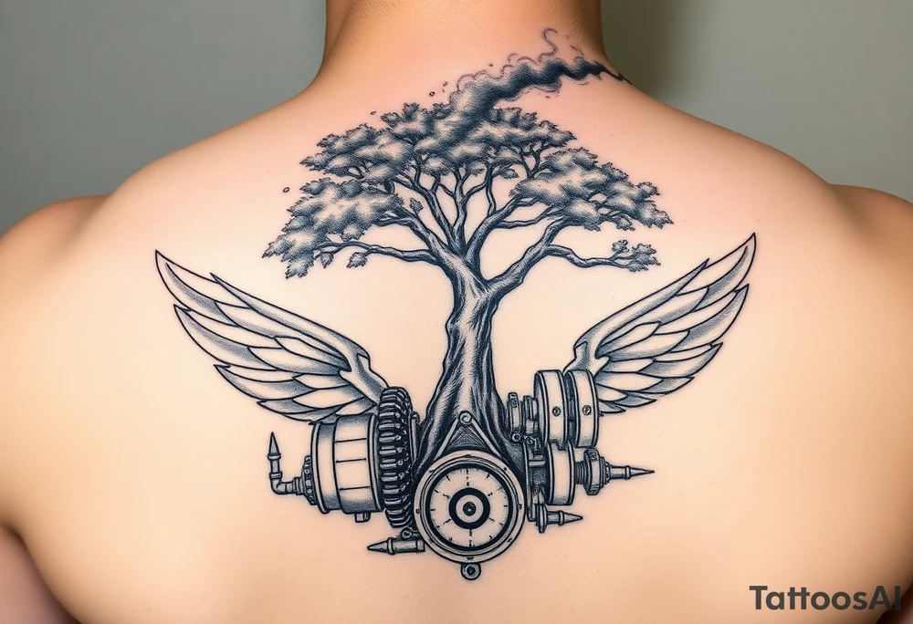 tree growing out of a v shaped engine with lots of pipes, guages and steam around the engine 
 with a smoke stack coming out of the top 
 billowing black smoke as if the tree and engine were a flying machine
 with a steam punk vibe tattoo idea