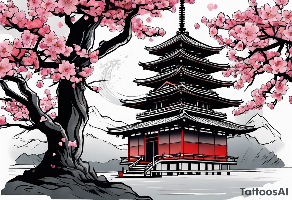 Japanese temple with cherry blossom and samurai tattoo idea