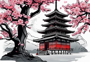 Japanese temple with cherry blossom and samurai tattoo idea