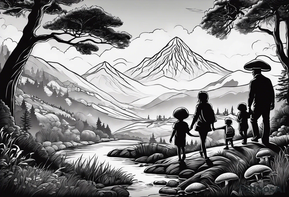 Family silhouette father, mother, son, 2 daughters foraging mushrooms with mountains and creek in background tattoo idea