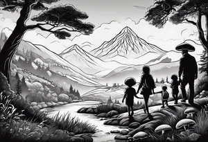 Family silhouette father, mother, son, 2 daughters foraging mushrooms with mountains and creek in background tattoo idea