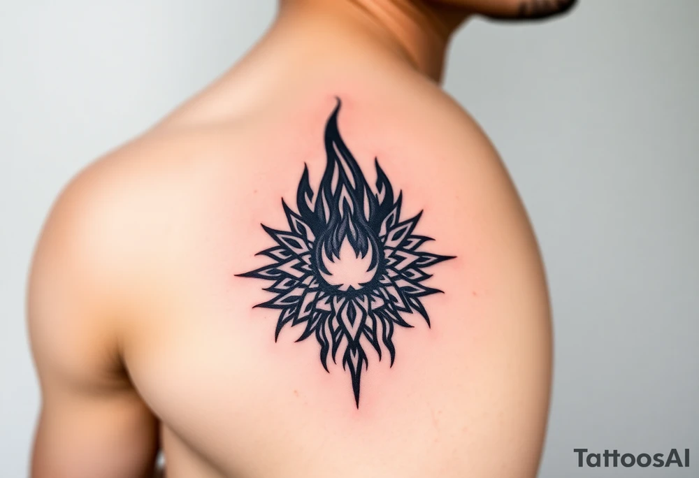 flame in a blooming roots circle tattoo idea