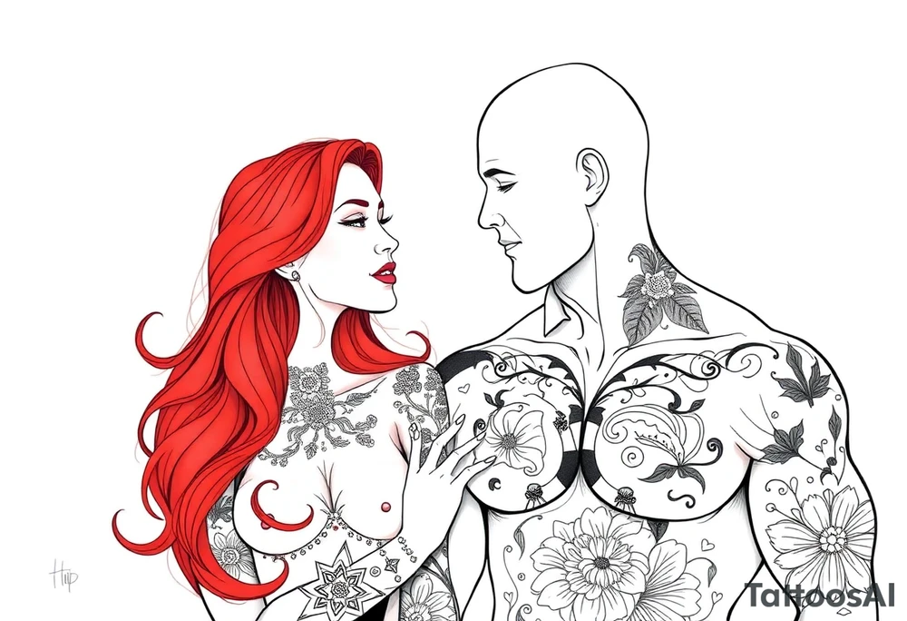 Woman with long red hair and red lipstick with lots of tattoos with  a bald muscular white man with tattoos getting married tattoo idea