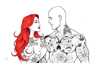 Woman with long red hair and red lipstick with lots of tattoos with  a bald muscular white man with tattoos getting married tattoo idea
