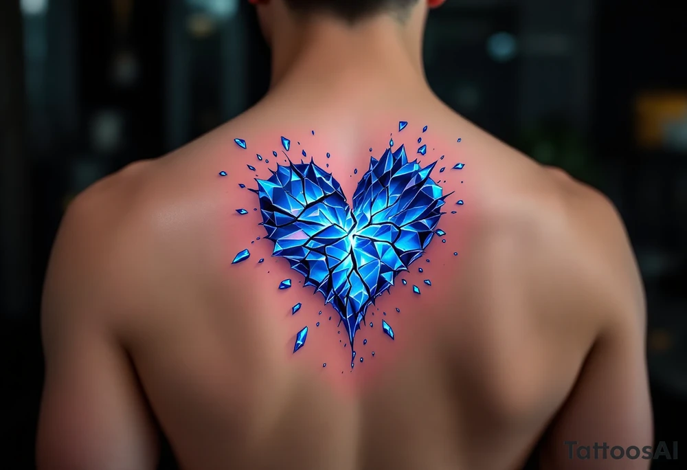 A heart made of blue ice, cracking apart, with glowing cyan shards floating around, representing a love turned cold tattoo idea