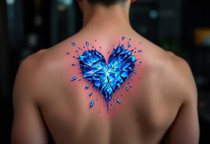 A heart made of blue ice, cracking apart, with glowing cyan shards floating around, representing a love turned cold tattoo idea