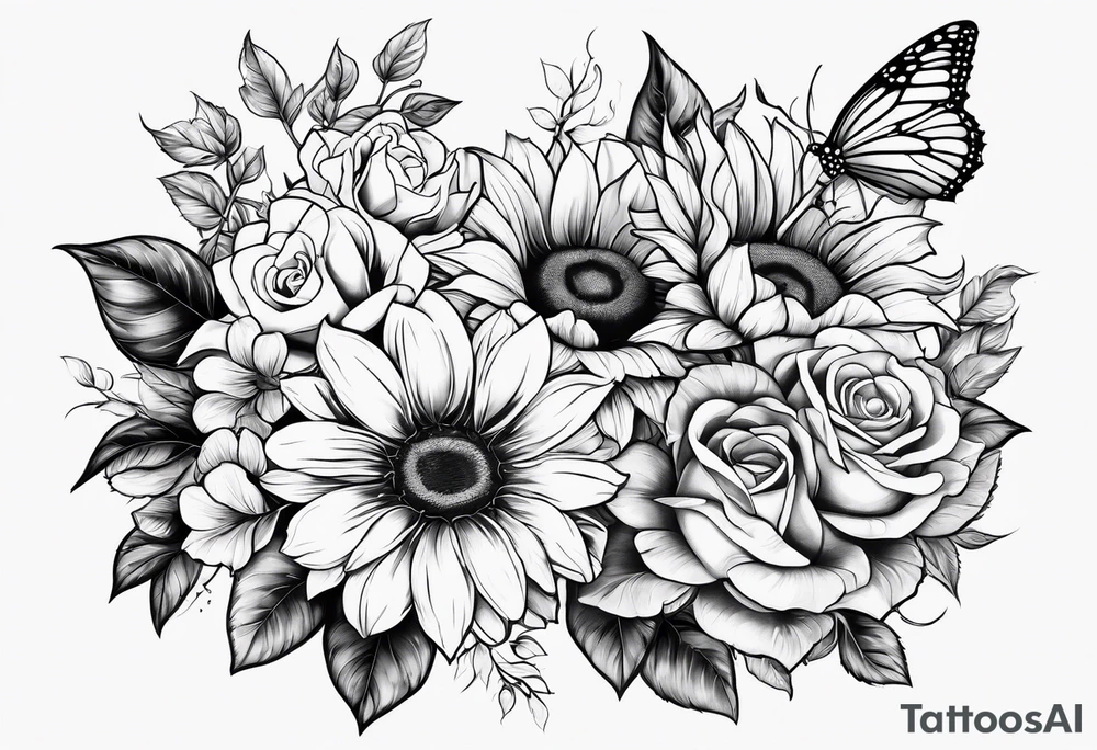 Flower rose, sunflower, butterfly, paw print tattoo idea
