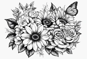 Flower rose, sunflower, butterfly, paw print tattoo idea