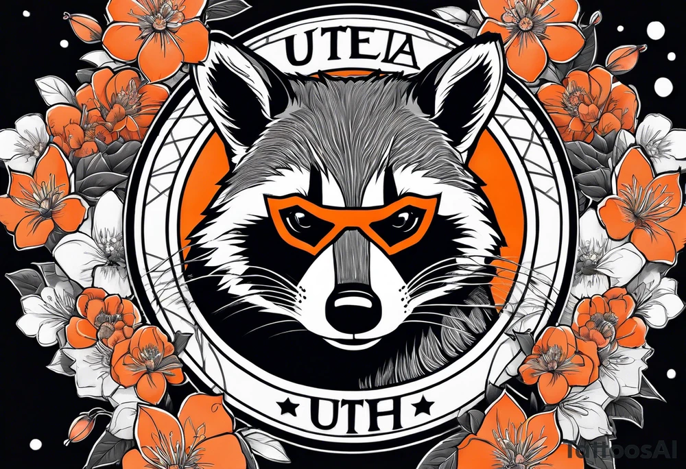 Raccoon wearing a white Superman logo on a black hoodie and orange Japanese cherry blossoms beside tattoo idea