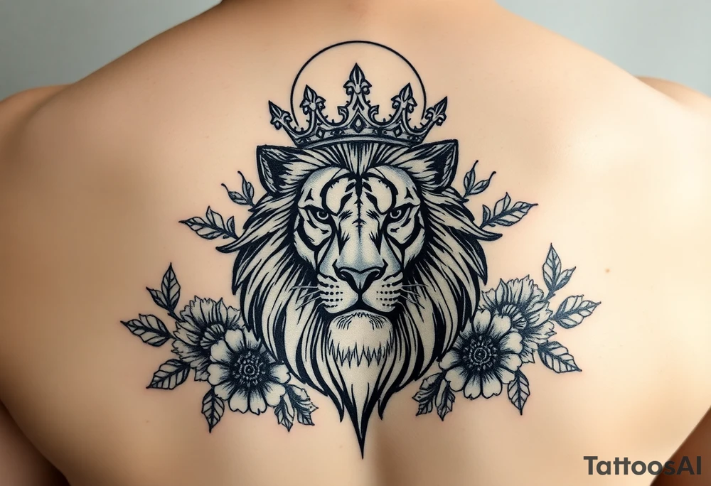 powerful majestic lion with a crown, surrounded by floral ornaments and moon tattoo idea
