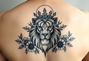 powerful majestic lion with a crown, surrounded by floral ornaments and moon tattoo idea