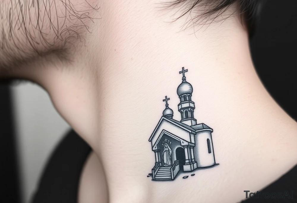 russian design traditional christian orthodox cross with a virgin mary stood beside the entrance of a russian orthodox dome church on the side of the neck in a wilderness setting with the design spread out the side of the neck tattoo idea