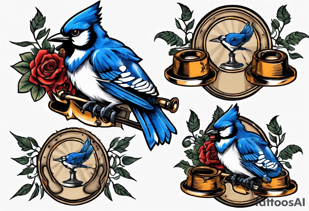 mean looking bluejay holding a trophy tattoo idea