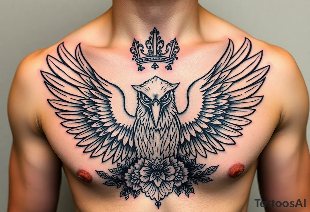 Chest tattoo,powerful majestic eagles with a crown, surrounded by floral ornaments and lure tattoo idea