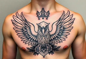 Chest tattoo,powerful majestic eagles with a crown, surrounded by floral ornaments and lure tattoo idea