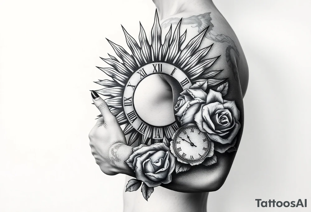 Shoulder sun with rays with a clock on elbows with roses tattoo idea