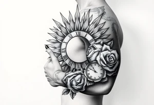 Shoulder sun with rays with a clock on elbows with roses tattoo idea