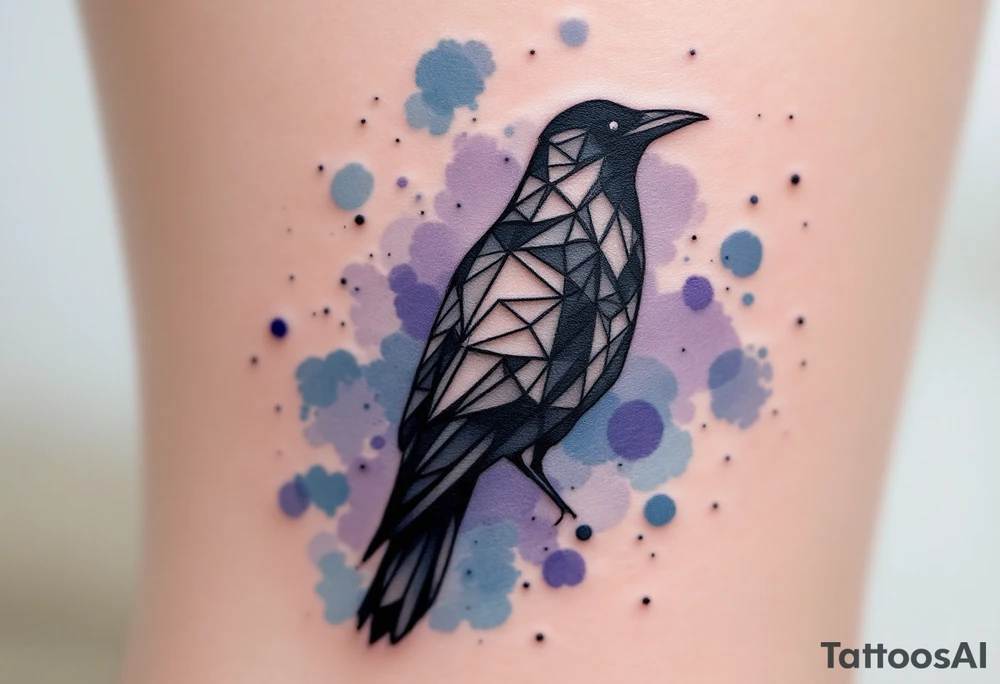 Geometric Crow – A crow formed out of black geometric shapes and sharp lines, with a soft watercolor background in muted purple and blue. tattoo idea
