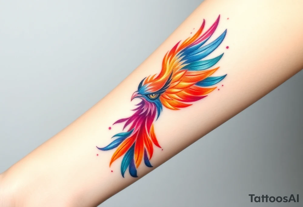 Phoenix in flames with purple, blue, orange, teal and green splashes, looking upwards with angry eye. No black outline. tattoo idea