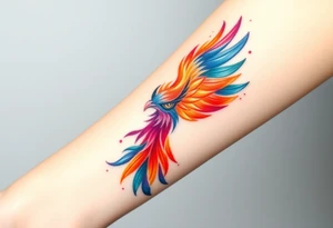 Phoenix in flames with purple, blue, orange, teal and green splashes, looking upwards with angry eye. No black outline. tattoo idea