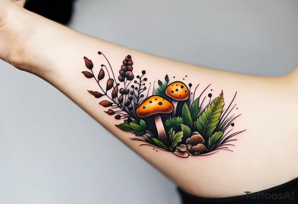 minimalistic forest floor inspired tattoo, which includes grass, moss, curly ferns and dead leaves as the bulk of the tattoo. details to include: forest berries, couple of very small brown mushrooms, a tiny bumblebee flying nearby tattoo idea