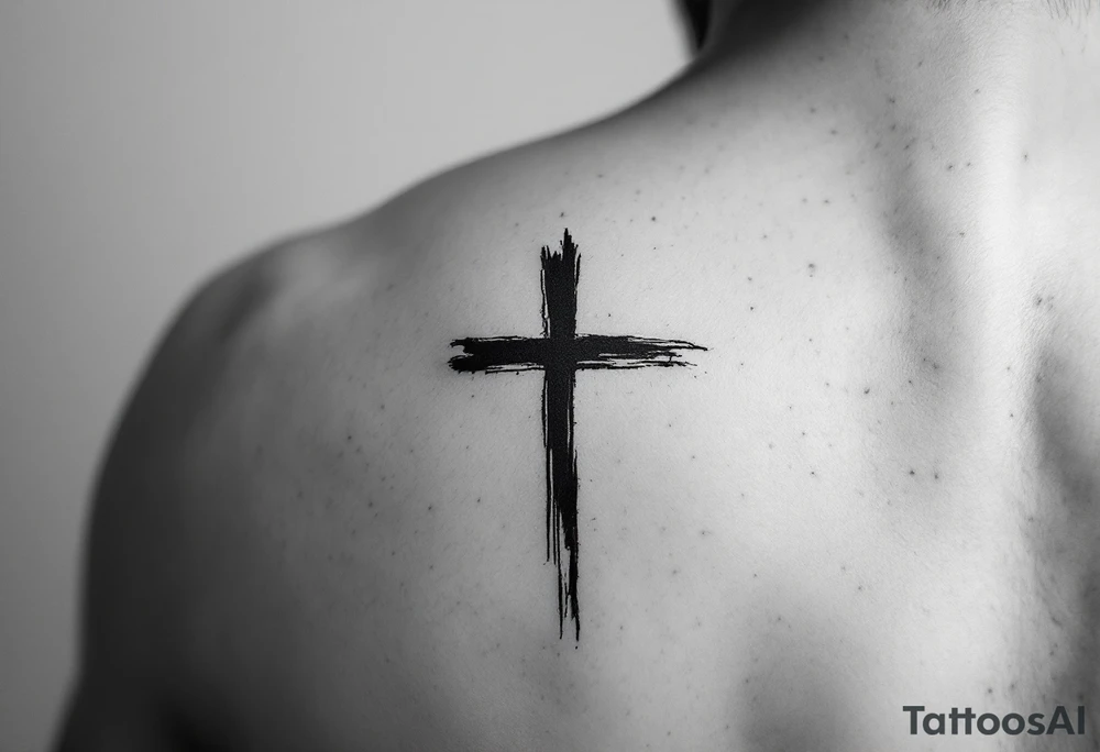 Cross in bold with a brush effect on man´s face under an eye. tattoo idea