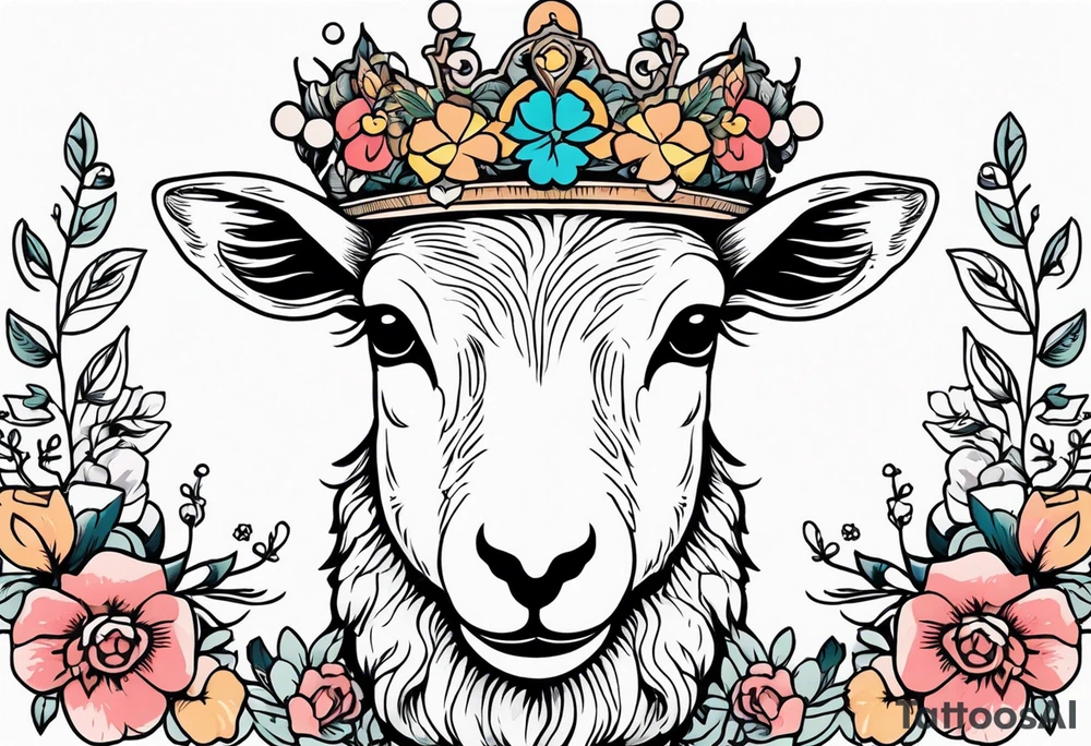 old school vintage traditional style design of lamb with crown on head and vintage flowers surrounding it bold color tattoo idea