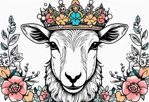 old school vintage traditional style design of lamb with crown on head and vintage flowers surrounding it bold color tattoo idea