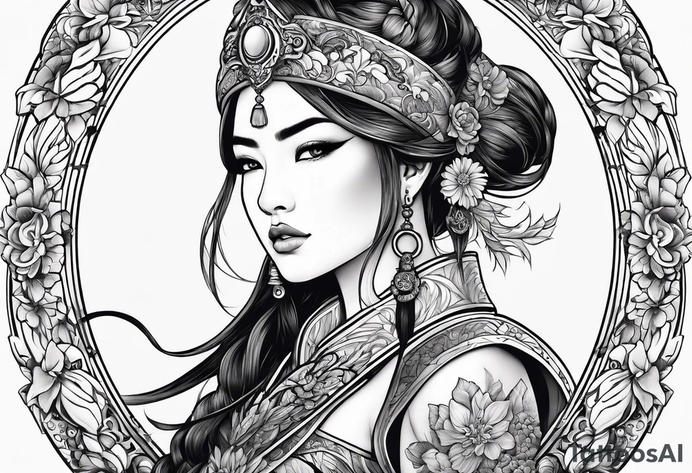 ornate beautiful woman warrior with weapon & floral arch background tattoo from head to torso tattoo idea