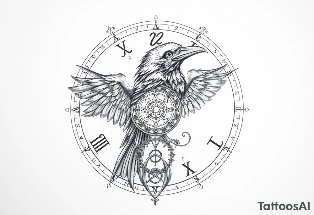 zodiac symbols runes within ornate clockwork mechanism raven tattoo idea